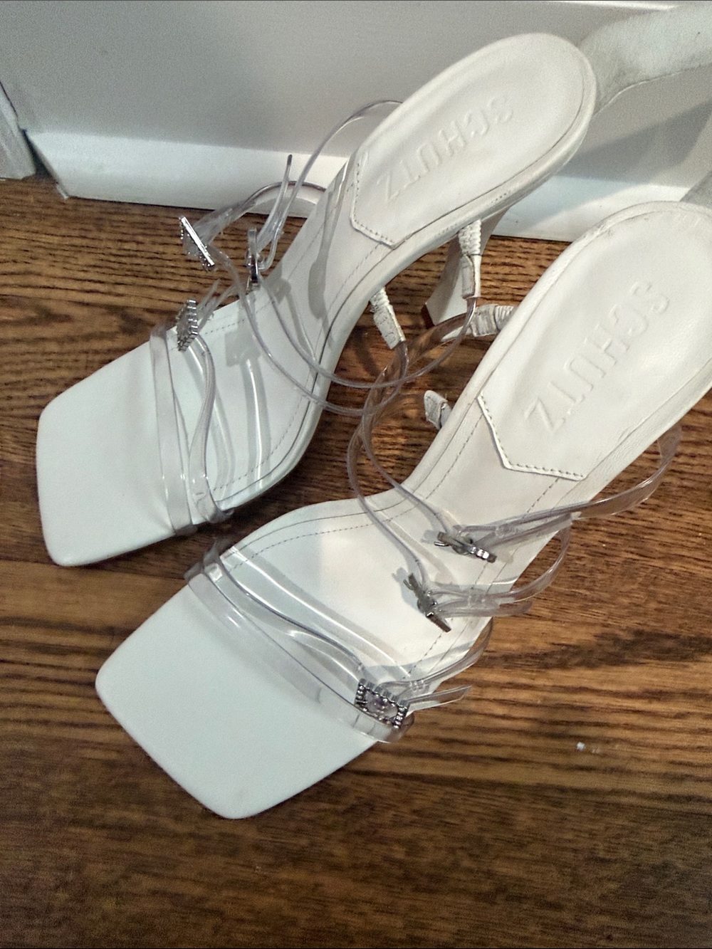 SCHUTZ White Heeled Sandals with Clear Straps